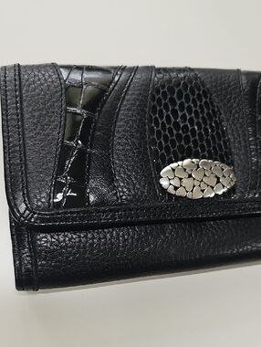 Brighton Leather Trifold Checkbook Wallet, Textured Black Silver Hearts